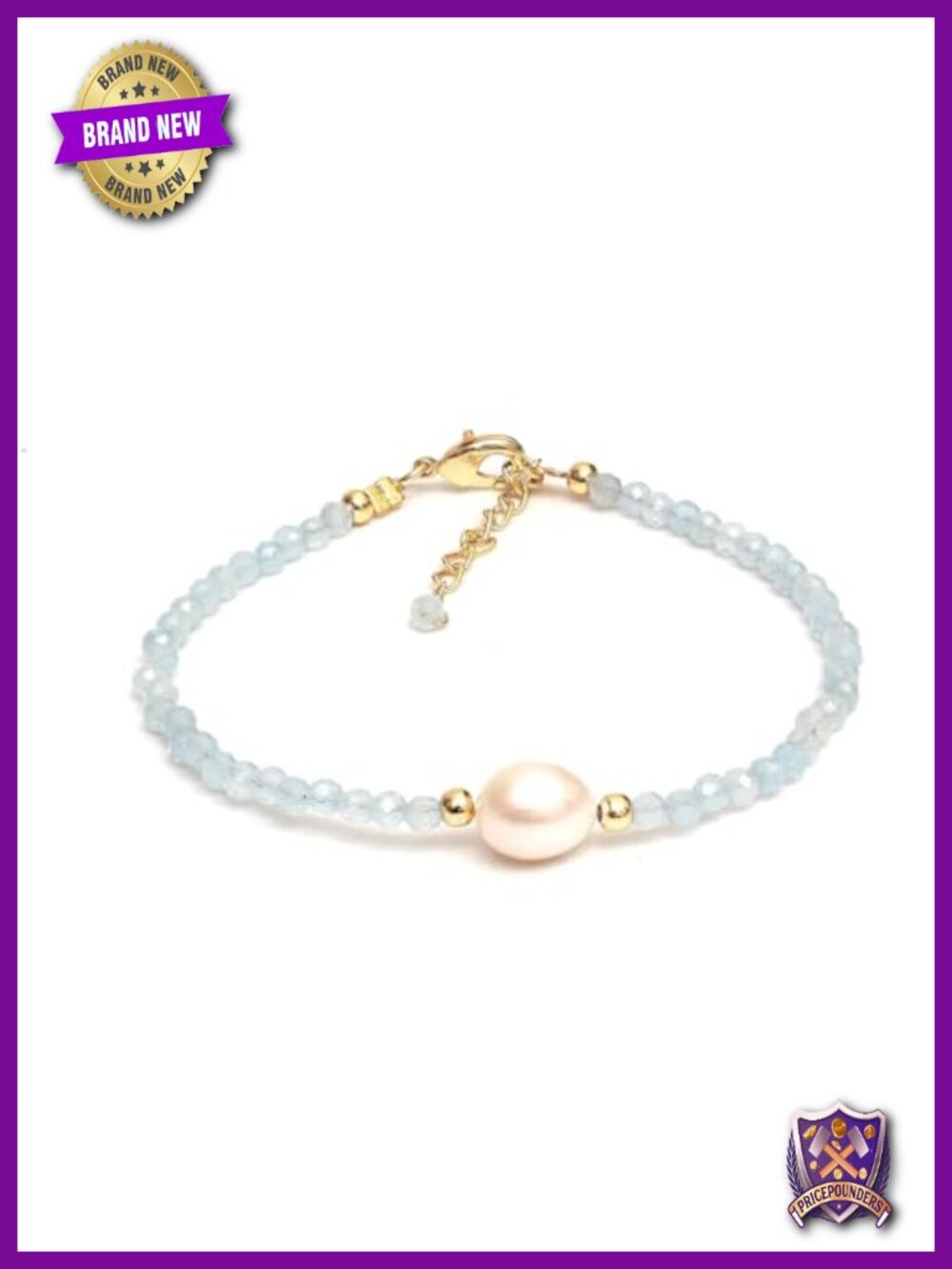 Aquamarine Freshwater Pearl Adjustable Beaded Bracelet 14k Gold Plated